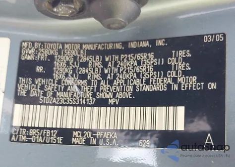 2005 Toyota Sienna Le z USA, uszkodzony, nr VIN 5TDZA23C35S314137